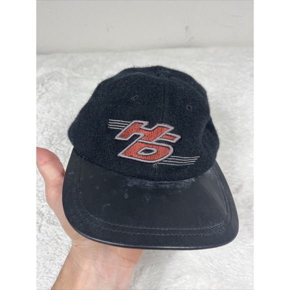 Vintage Harley Davidson Black Leather Wool Strap Back Cap Hat‎ Biker Motorcycle - Picture 1 of 6